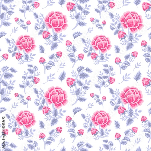Vintage winter floral seamless pattern of violet pink rose bouquet  flower buds and leaf branch illustration arrangements for fabric  textile  women fashion  gift paper  feminine and beauty products