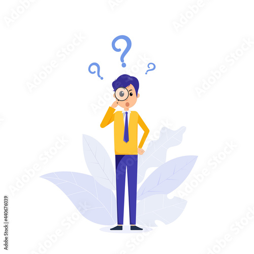 Businessman holding magnifying glass and looking through it at interrogation points. Concept of frequently asked questions, query, investigation, search for information.