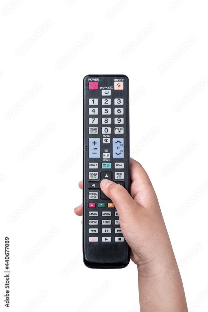 Hand holding television and audio remote control isolate on white background Hand holding television and audio remote control isolate on white background