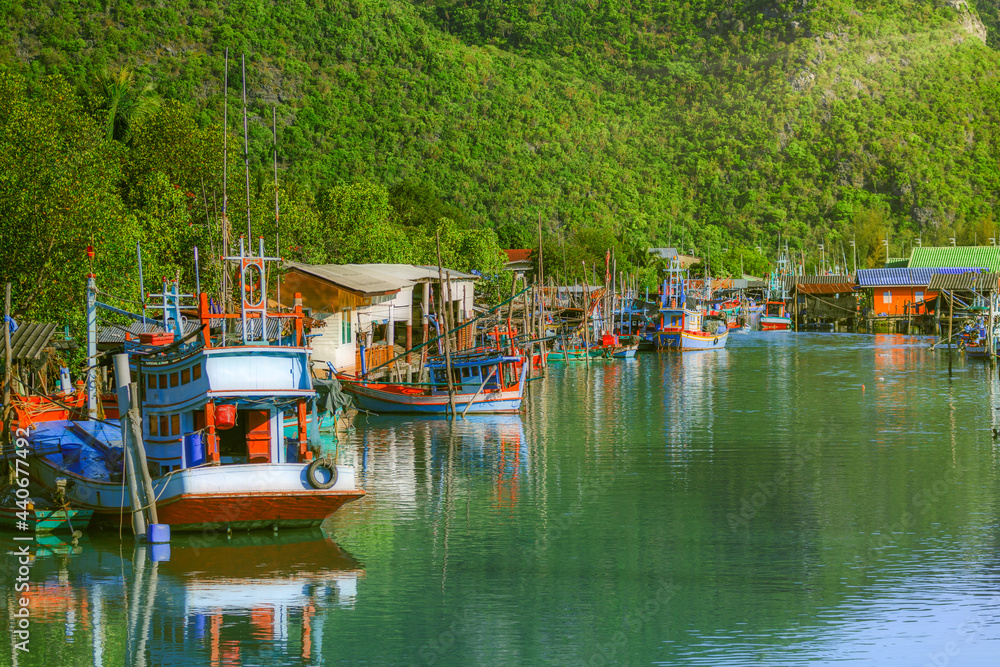 Fishing boats in a fishing village, mooring from fishing in Thailand