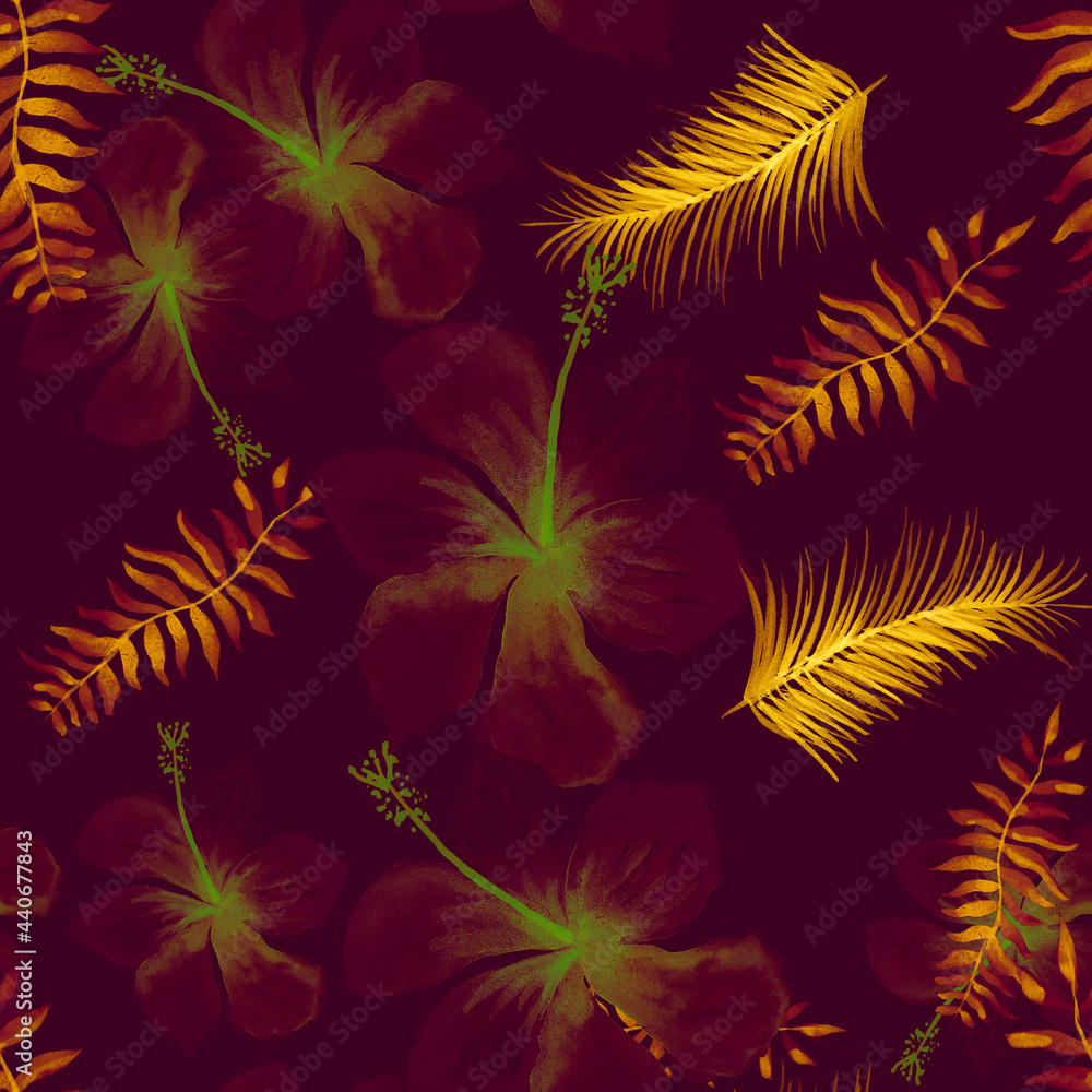 Vintage Tropical Vintage. Yellow Seamless Exotic. Violet Pattern Background. Beige Flower Plant. Purple Wallpaper Hibiscus. Black Spring Palm. Drawing Leaf.