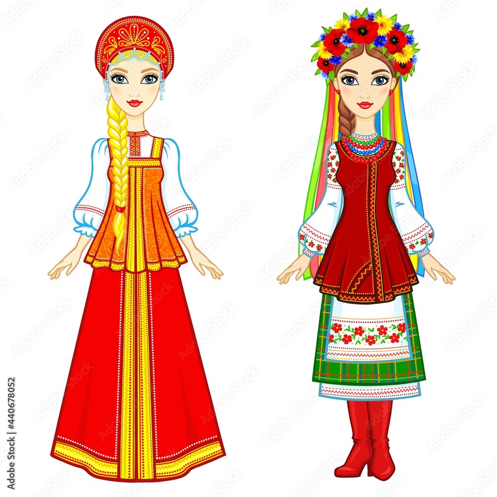 Slavic people. Animation portrait of the Russian and Ukrainian woman in traditional clothes. Eastern Europe.  Fairy tale character. Full growth. Vector illustration isolated on a white background.