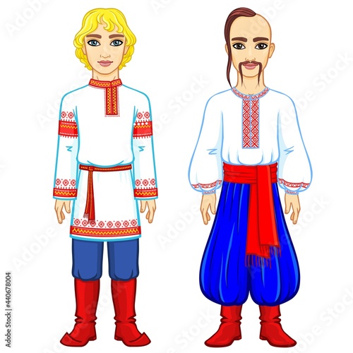 Slavic people. Animation portrait of the Russian and Ukrainian man in traditional clothes. Eastern Europe.  Fairy tale character. Full growth. Vector illustration isolated on a white background.