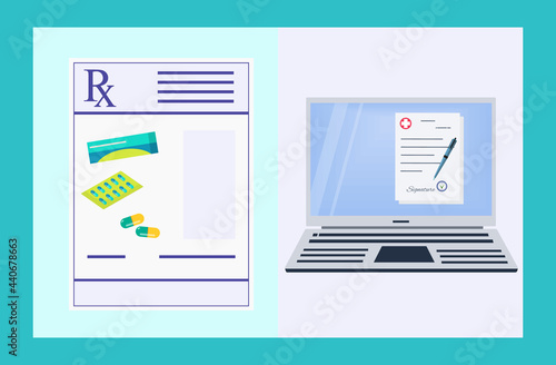 Electronic prescription rx. Online digital signature of a medical document. Electronic form with online pharmacy medicines. Information on diagnosis and therapy with prescription drugs. Vector 