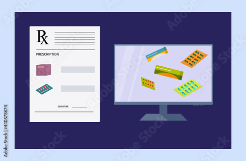 Electronic prescription rx. Online medical document. An electronic form with medicines in an online pharmacy. Information on diagnostics and therapy with prescription drugs. Vector illustration
