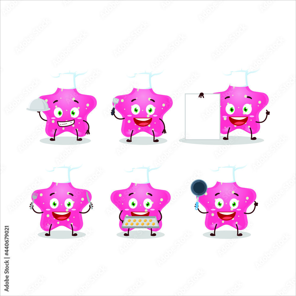 Cartoon character of jelly sweets candy star pink with various chef emoticons. Vector illustration Cartoon character of jelly sweets candy star pink with various chef emoticons. Vector illustration