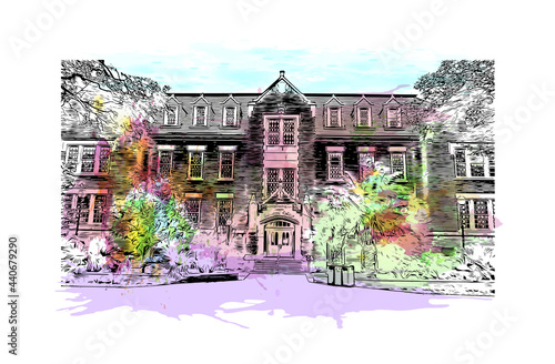 Building view with landmark of Gainesville is a city in northern Florida. Watercolor splash with hand drawn sketch illustration in vector. photo