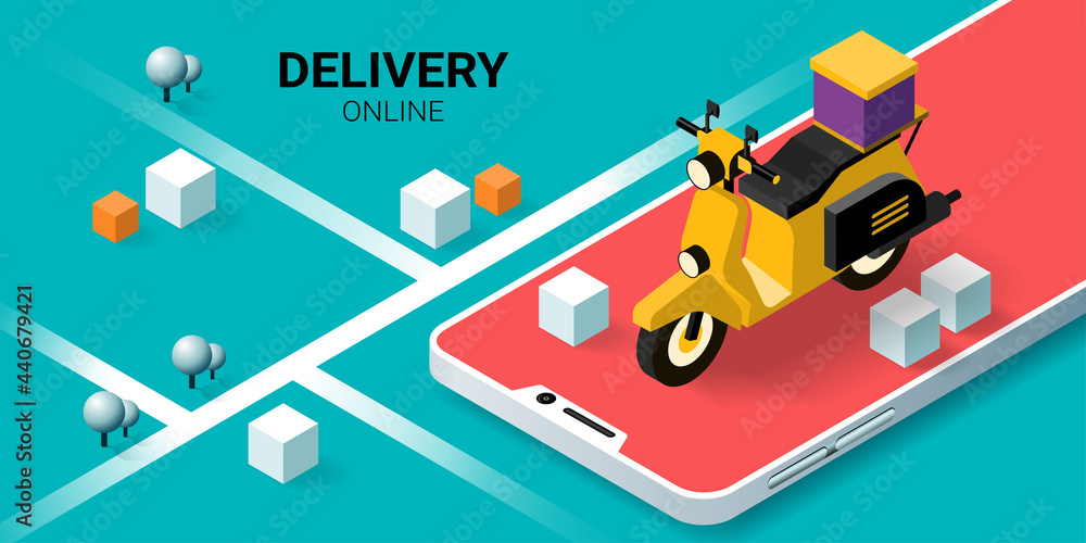 Fast delivery service by scooter on mobile, Smart logistics, Online order. City logistics. scooter, warehouse and parcel box. Concept for website or banner. Isometric Vector illustration
