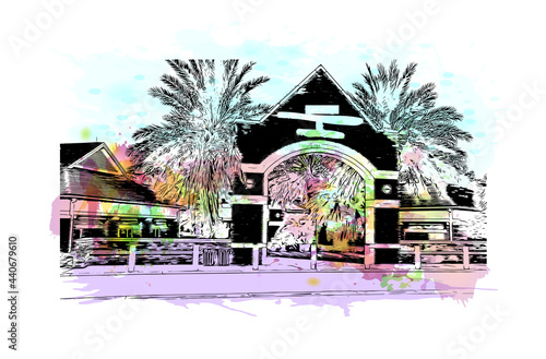 Building view with landmark of Gainesville is a city in northern Florida. Watercolor splash with hand drawn sketch illustration in vector.