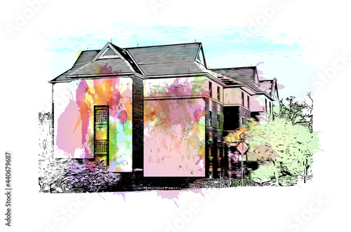 Building view with landmark of Gainesville is a city in northern Florida. Watercolor splash with hand drawn sketch illustration in vector.
