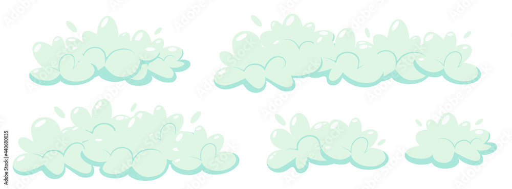 Soap foam with bubbles. Set of cartoon shampoo and soap foam sud. Vector illustration