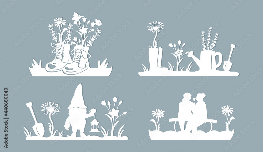 set for the garden. a gnome holds a flashlight, rubber boots with flowers, retro boots with lavender and chamomile, an elderly couple sits on a bench, view from the back. laser cut design. vector. eps