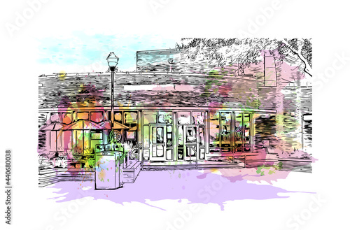 Building view with landmark of Gainesville is a city in northern Florida. Watercolor splash with hand drawn sketch illustration in vector.