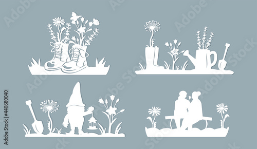 set for the garden. a gnome holds a flashlight, rubber boots with flowers, retro boots with lavender and chamomile, an elderly couple sits on a bench, view from the back. laser cut design. vector. eps
