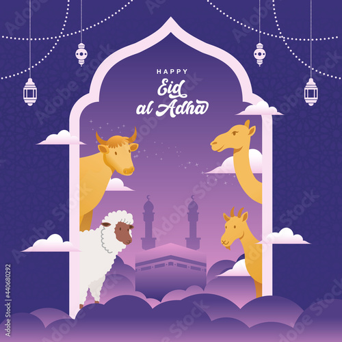 eid al adha freeting card with sacrifice animal, goat, sheep,cow and camel for eid al adha mubarak celebration photo