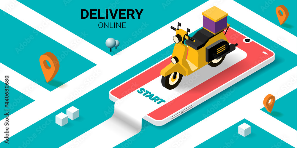Fast delivery service by scooter on mobile with location or navigation city map, Smart logistics, Online order. City logistics. scooter, warehouse and parcel box. Isometric Vector illustration Fast delivery service by scooter on mobile with location or navigation city map, Smart logistics, Online order. City logistics. scooter, warehouse and parcel box. Isometric Vector illustration