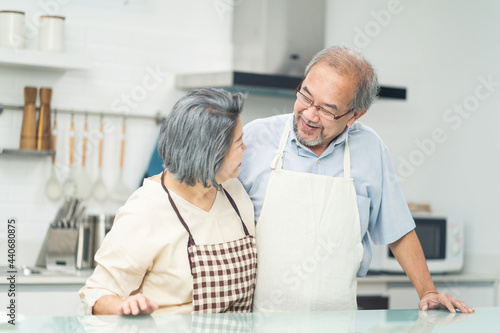 Happy senior Couple in kitchen at home enjoy retirement life together.
