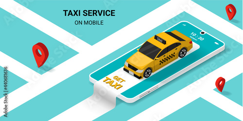 Taxi online service on mobile application with yellow taxicab  and location or navigation city map. Concept for order taxi service. Isometric vector illustration