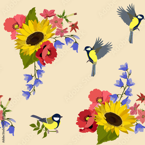 Seamless vector illustration with sunflowers, poppy, campanula and birds on a beige background.