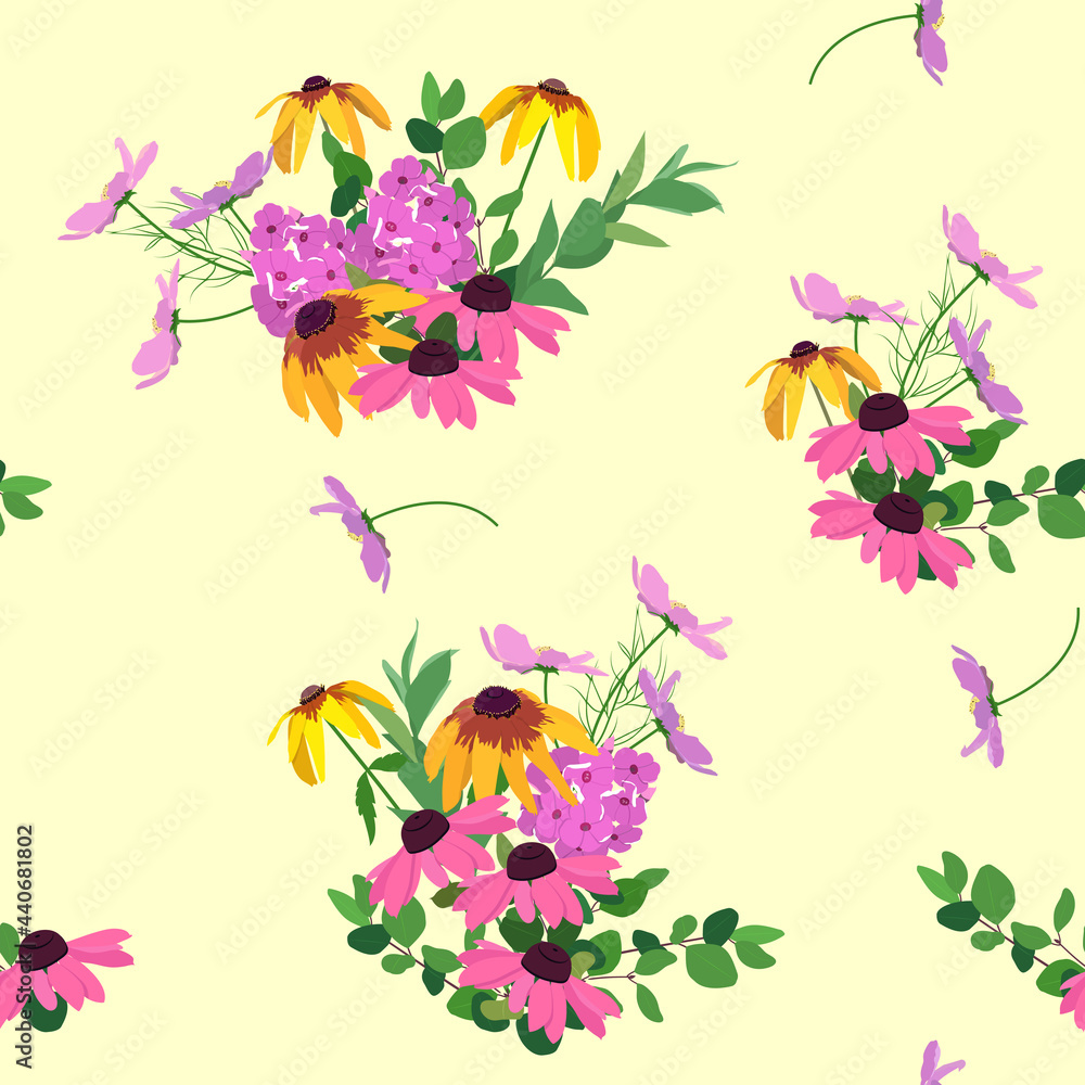 Seamless summer background with phlox, rudbeckia and branch eucalyptus on a beige background.