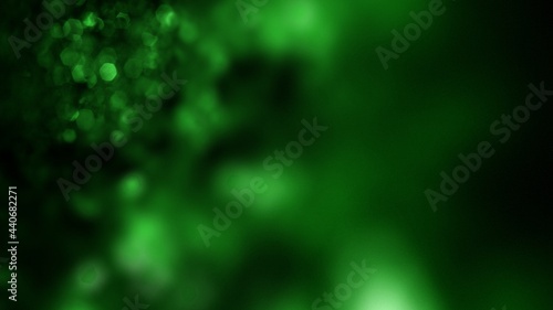 Abstract green horizontal copy space banner background template with defocused bokeh glints. Elegant 3D illustration concept for announcement insert and social media video blog or festive presentation