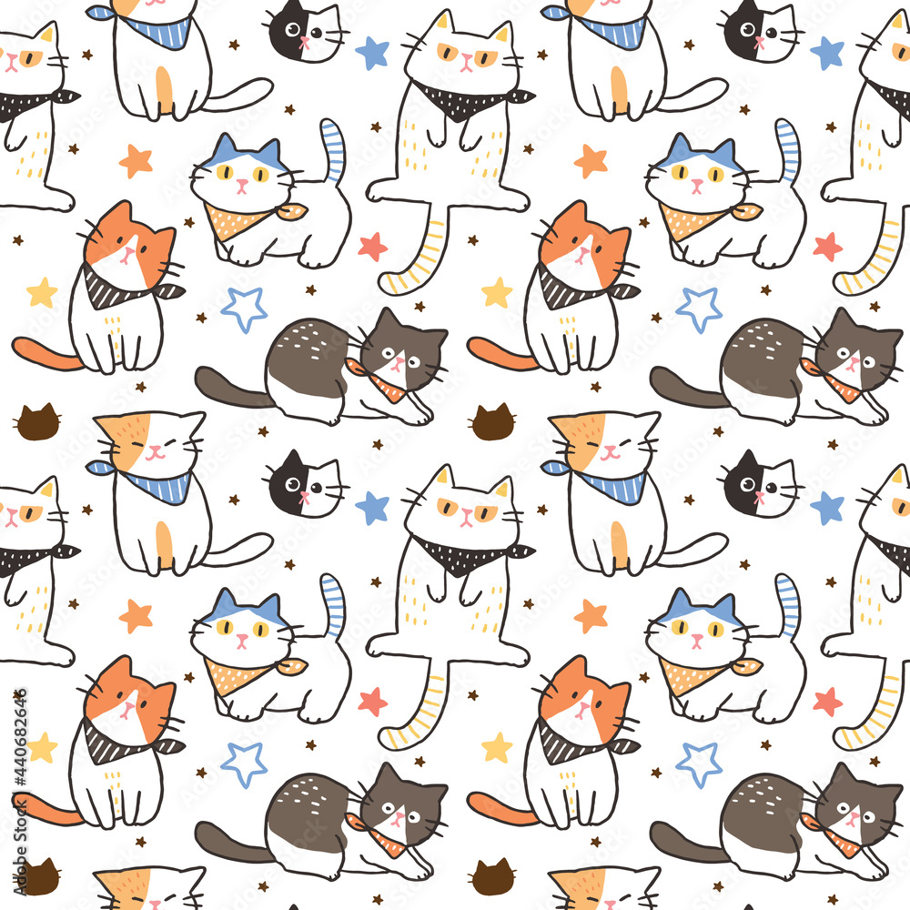 Fototapeta premium Seamless Pattern with Hand Drawn Cartoon Cat Design on White Background