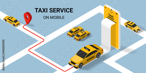 Taxi online service concept. yellow taxicab and with road and location on mobile application. Isometric Vector illustration