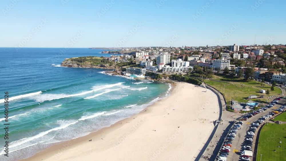 Aerial View Of Parked Vehicles At Bondi Beach Parking - Wide Sandy Beach And Park In Bondi, NSW, Australia. Aerial View Of Parked Vehicles At Bondi Beach Parking - Wide Sandy Beach And Park In Bondi, NSW, Australia.