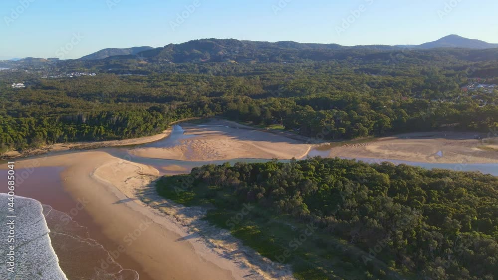 Scenic Landscape Of Moonee Creek, Beach, Mountain And Nature Reserve In Moonee Beach, NSW, Australia. - aerial Scenic Landscape Of Moonee Creek, Beach, Mountain And Nature Reserve In Moonee Beach, NSW, Australia. - aerial