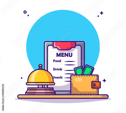 List Menu with Desk Bell and Wallet Vector Cartoon Illustrations