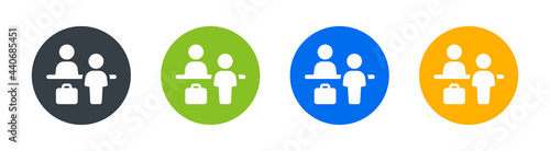 Reception icon, customer service desk symbol on circle buttons. Hospitality concept