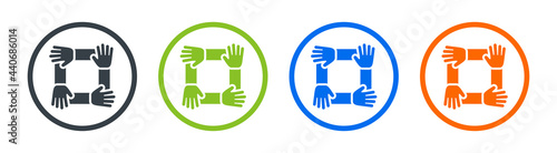 Teamwork icon. Four united hands symbol. Vector illustration