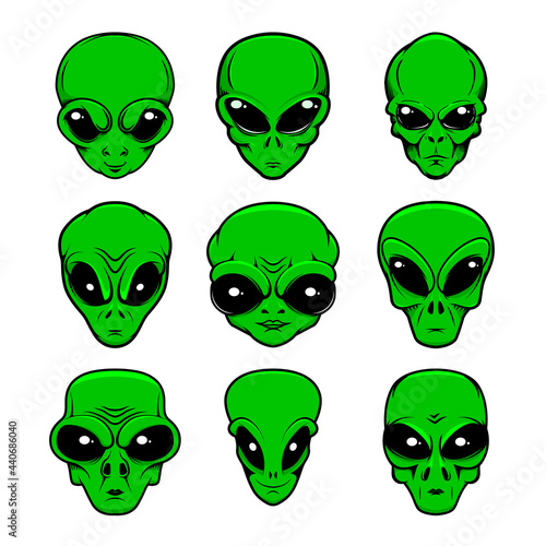 Illustration of alien head in monochrome style. Design element for logo, label, sign, emblem, poster. Vector illustration