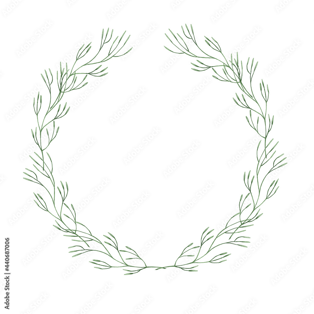 Cute minimalistic baby shower wreath, green leaves frame, kids holidays decoration element