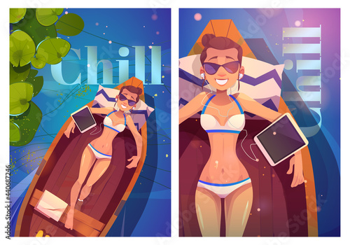 Chill cartoon posters with young woman in bikini lying in wood boat listen music on tablet top view. Girl relaxing on pond with lilies float on water surface, summer vacation, vector illustration