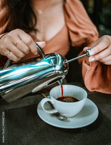 Cup of coffee on table in cafe. Morning coffee, drinking hot coffee and enjoying morning