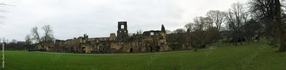 A rainy day at Kirkstall Abbey, Leeds, UK - Beautiful panoramic landscape of the Kirkstall Abbey ruins, Leeds, England; taken in a rainy day of 2 April 2018.
