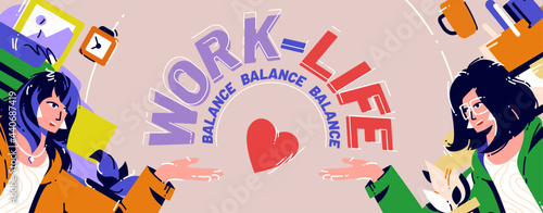 Work and life balance cartoon poster, businesswoman sitting at workplace solve dilemma choosing between career or family, difficult solution, home or office choice, Vector line art web banner
