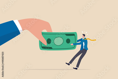 Fight for money, government asking for tax payment, company revenue market share, financial problem, pay off debt or bills concept, big hand pulling money banknote tug of war with small businessman.
