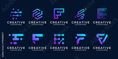 Set of creative letter F logo template. Modern symbol for digital technology with dot, molecule and abstract.
