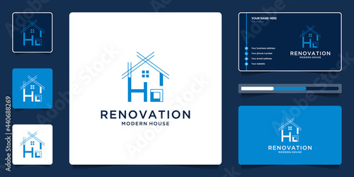 House architecture logo template. Creative real estate symbol for renovation with business card.