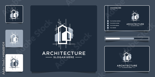 Building logo with unique line art style and business card