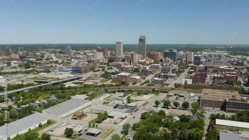 Omaha, Nebraska Skyline on Hot Summer Day. Birds Eye Aerial View Omaha, Nebraska Skyline on Hot Summer Day. Birds Eye Aerial View