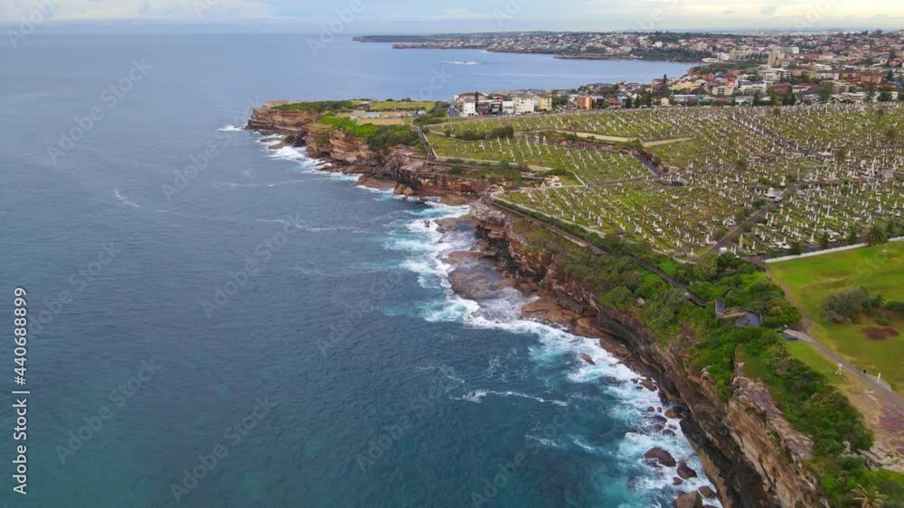Bird's Eye View Of Waverly Cemetery At The Seashore In Bronte, New South Wales, Australia. aerial Bird's Eye View Of Waverly Cemetery At The Seashore In Bronte, New South Wales, Australia. aerial