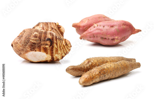 taro, yams, sweet potatoes isolated on white background