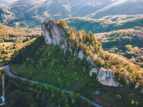 Ruins of the old castle Vrsatec. Vrsatec rocks, White Carpathian mountains in Slovak republic. Seasonal natural scene. Hiking theme photo