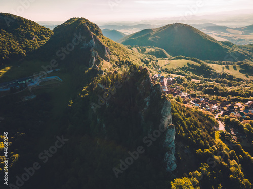 Ruins of the old castle Vrsatec. Vrsatec rocks, White Carpathian mountains in Slovak republic. Seasonal natural scene. Hiking theme photo