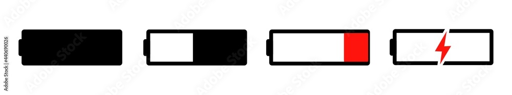 Battery GSM icon set. Isolated black and red smartphone battery level indicator icons on white background. Concept power, energy, low , full, emplty, load. UI elements symbols. Stock Vector. Battery GSM icon set. Isolated black and red smartphone battery level indicator icons on white background. Concept power, energy, low , full, emplty, load. UI elements symbols. Stock Vector.