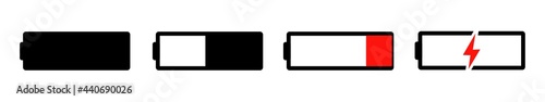 Battery GSM icon set. Isolated black and red smartphone battery level indicator icons on white background. Concept power, energy, low , full, emplty, load. UI elements symbols. Stock Vector.