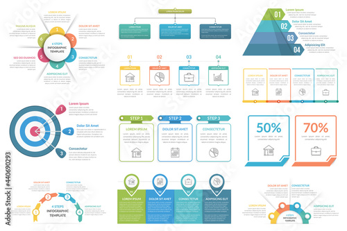 Set of infographic elements - cricle diagram, flowchart, pyramid, steps or options, workflow diagram photo